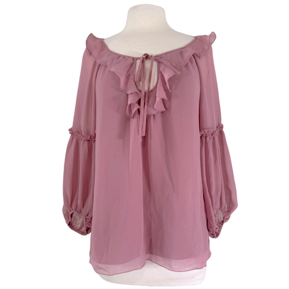 M.S.S.P. Sz. M Peasant Sleeve Pink Mauve Blouse Sheer Ruffle Keyhole Scoop Neck